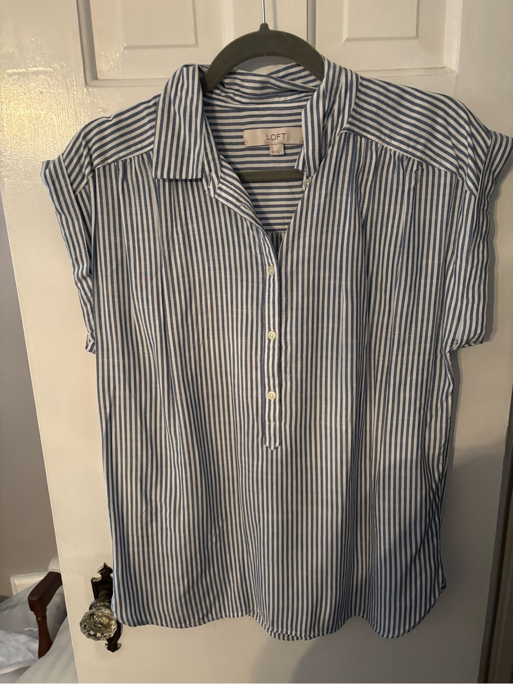 LOFT Blue & White Vertical Stripe Short-Sleeve Button Henley